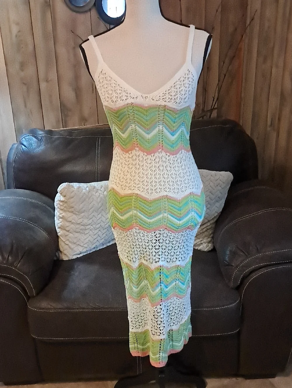 Almost Famous White Crochet Swim Cover-Up Dress with Pastel Chevron Stripes